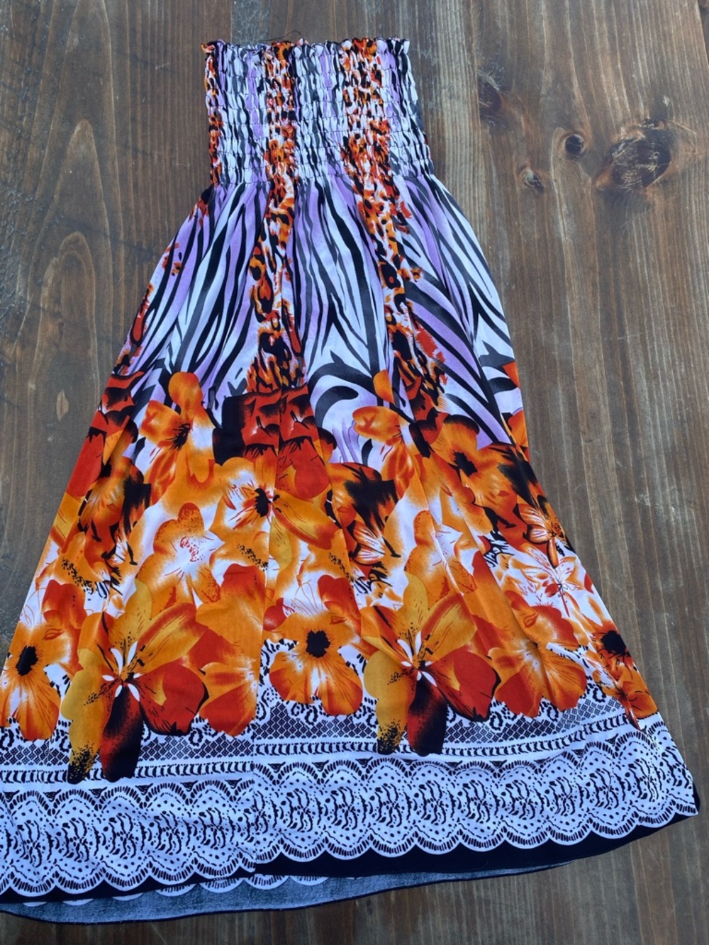 Smocked A-Line Midi Skirt/Tube Dress in Orange & Black Floral Size S/M